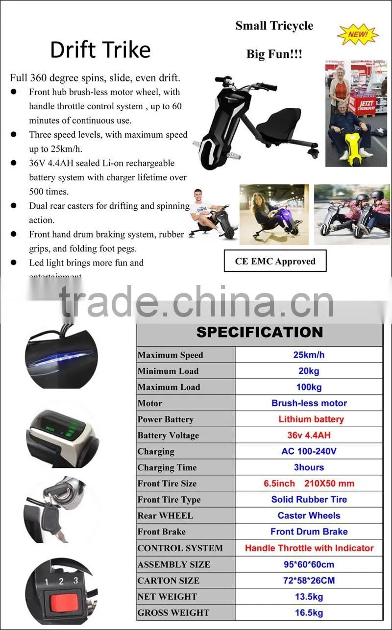 36V 6.5Inch Motor Three Wheel Electric Drift Trike Bikes Kids Scooter