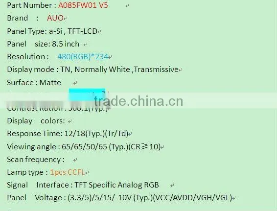 A085FW01 V.5 New and original 8.5inch AU 26pin LCD