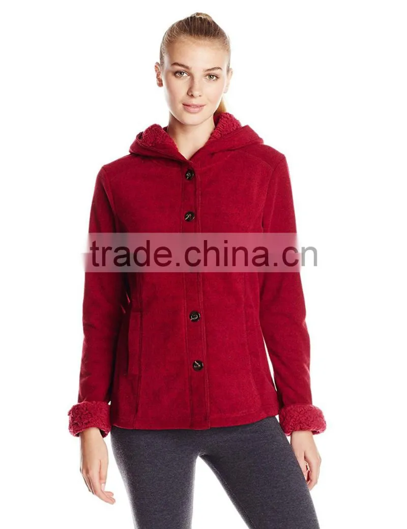 Blank Hooded Varsity Jacket 100% Polyester Heather Sweater Rib Fleece Knit And Sherpa Fleece Lining Women Hooded Jacket
