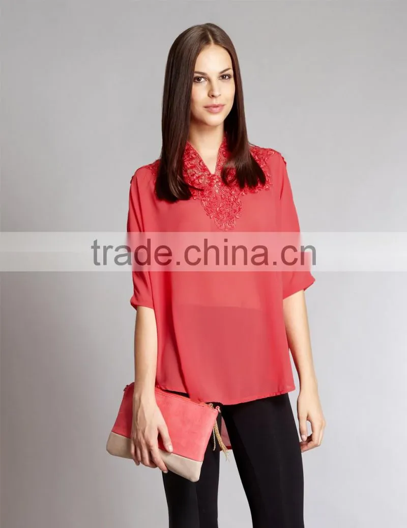 ladies tunic top wholesale, large lace decoration woman top,chiffon top