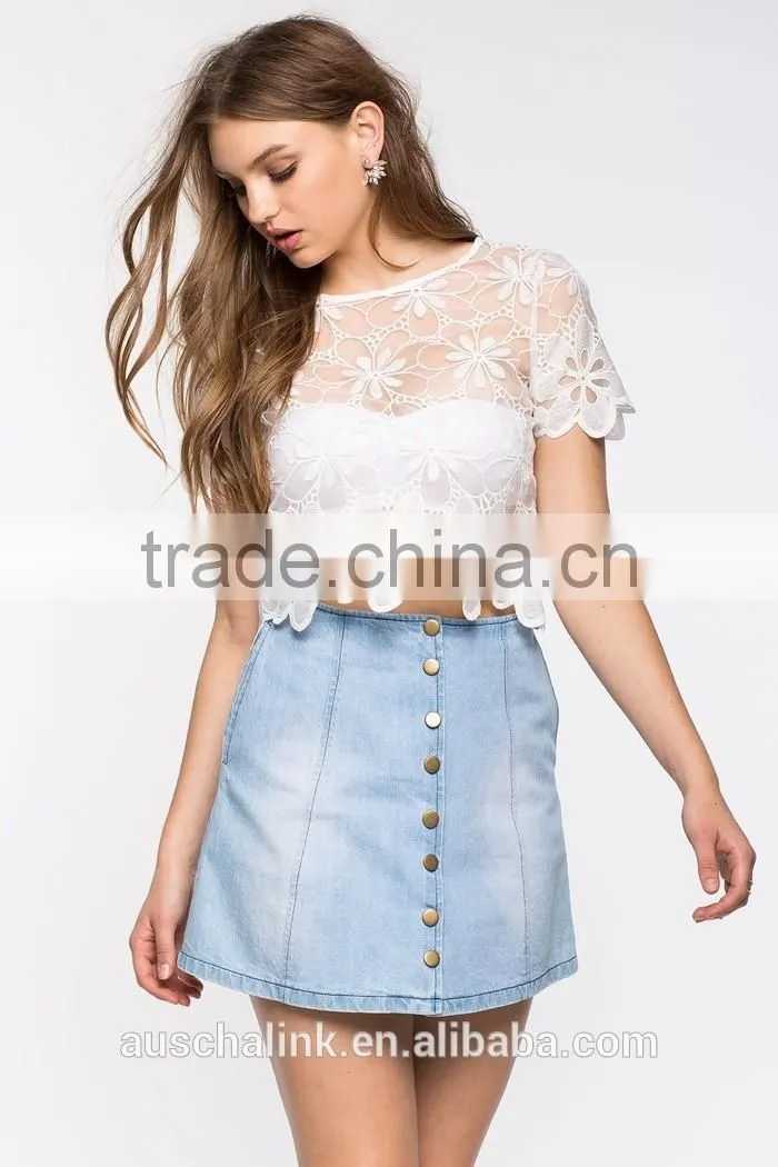 2016 promotional high quality lady white crochet t shirt