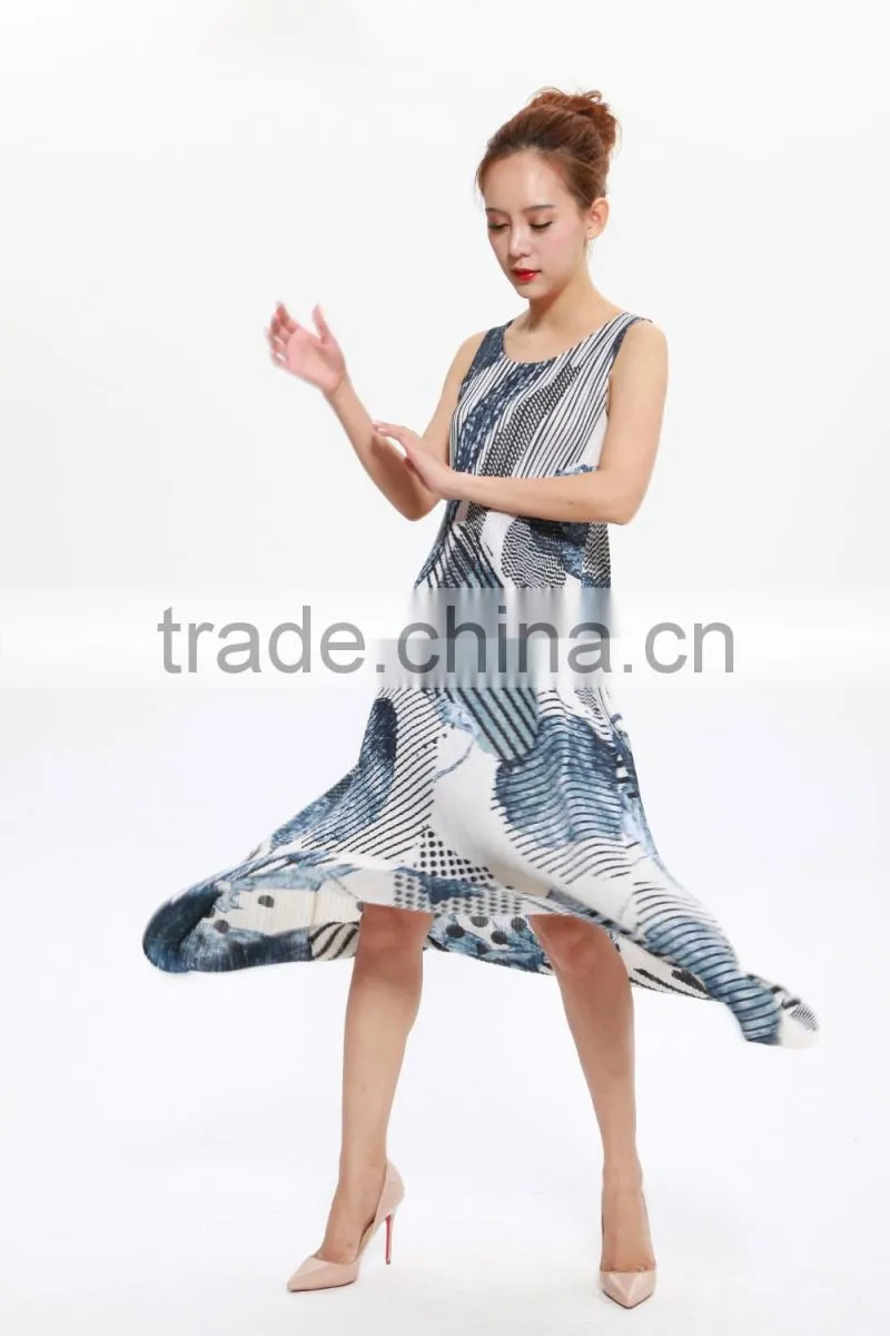 Wash painting goffer sleeveless women summer maxi dress