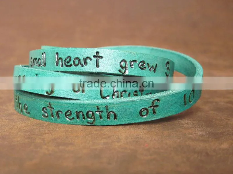 personalized inspired words engraved leather bracelet, custom logo hand-stamped leather bracelet, adjustable leather bracelet