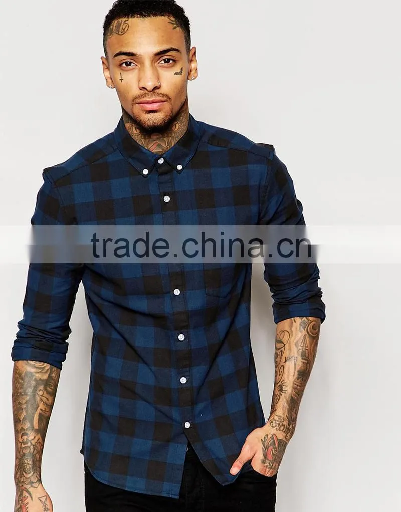 Man Skinny Shirt in Navy Buffalo Check with Long Sleeves