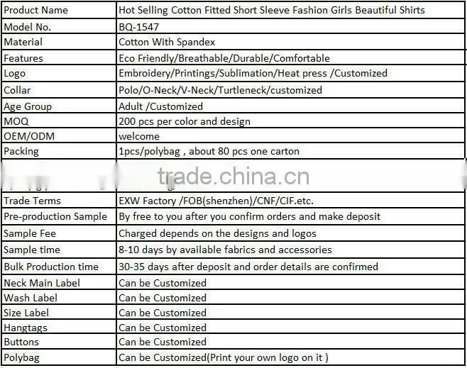Hot Selling Cotton Fitted Short Sleeve Fashion Girls Beautiful Shirts