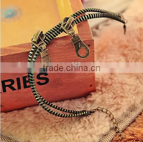Fashion Jewelry Punk Retro Zipper Anklet Bracelet Double Chain Bangle Bronze for Girl Boys