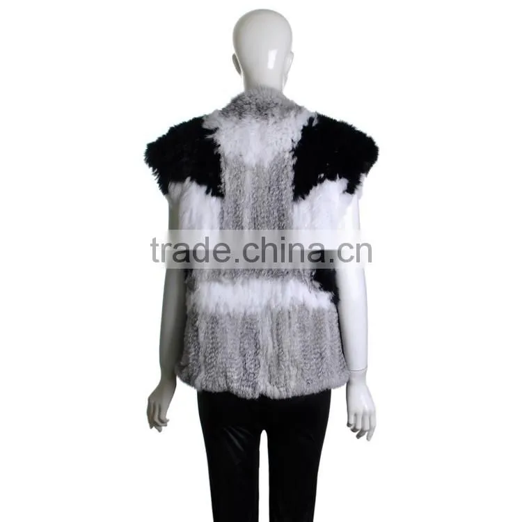 YR230 Colorblock Real Rabbit Hand Knitted Fur Vest NEW Arrival