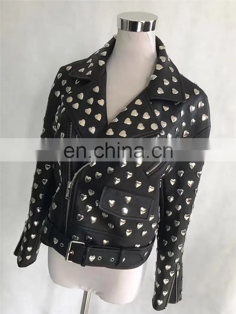 High Quality Custom Design Fashion Motocycle Biker Black Genuine Leather Short Jacket Women