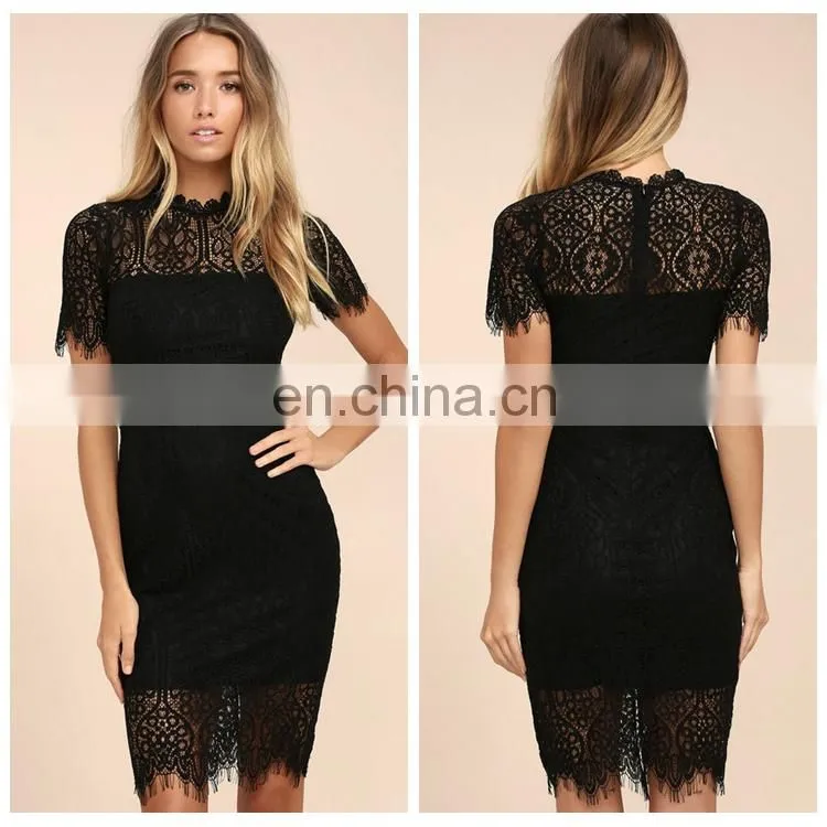 2017 fashion short sleeve black lace midi bodycon dress