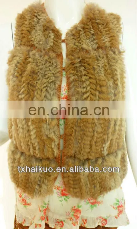 2013 ladies new fashion rabbit fur Knitting grid design brown orange vest in spring