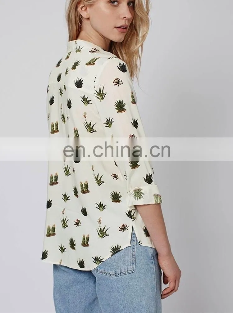 Latest fashion blouse design long sleeve printed cactus women model simple design blouse
