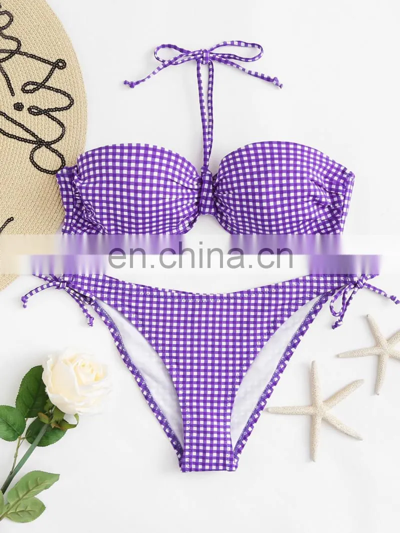 Tie Side Halter Gingham Print Bustier Bikini Set