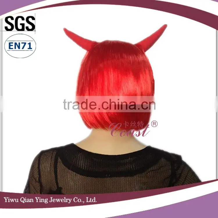 High quality short red synthetic carnival halloween wig with ox horn