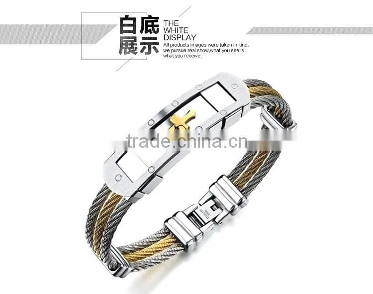 Wholesale Titanium steel man Bangles Three rows between steel wire armoured gold bracelet with cross