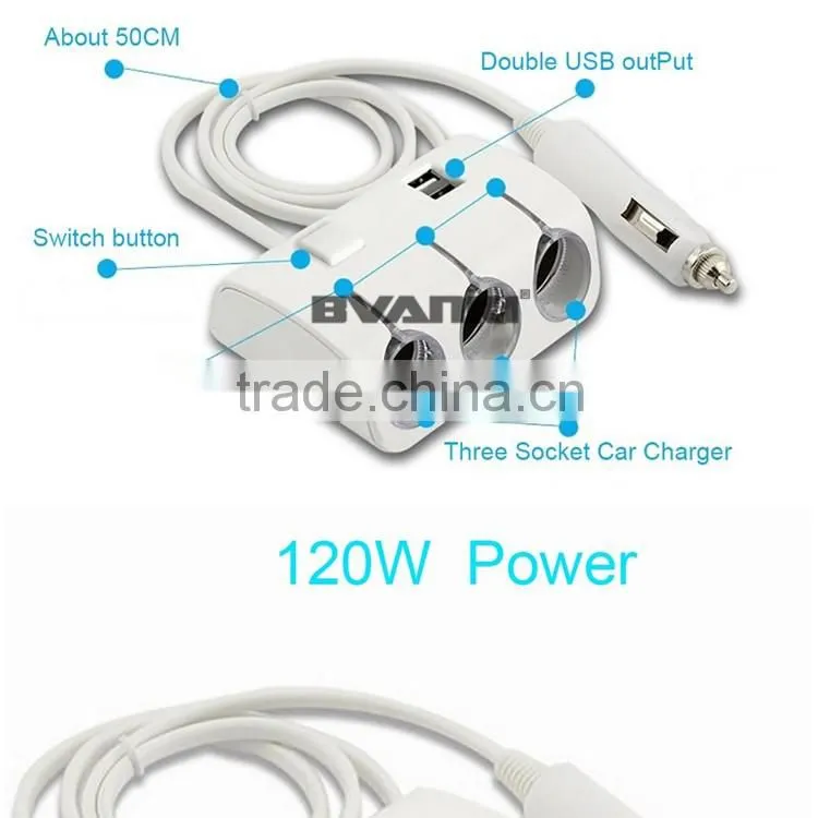 New Factory Price 3 Sockets Car Cigarette Lighter DC Power 12V 24V Car Cigarette for iPhone usb car charger with Dual USB Ports