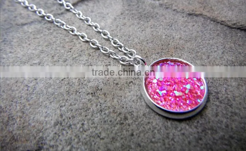 12MM Round Pink Drusy Stone Necklace Hot Pink Druzy Necklace