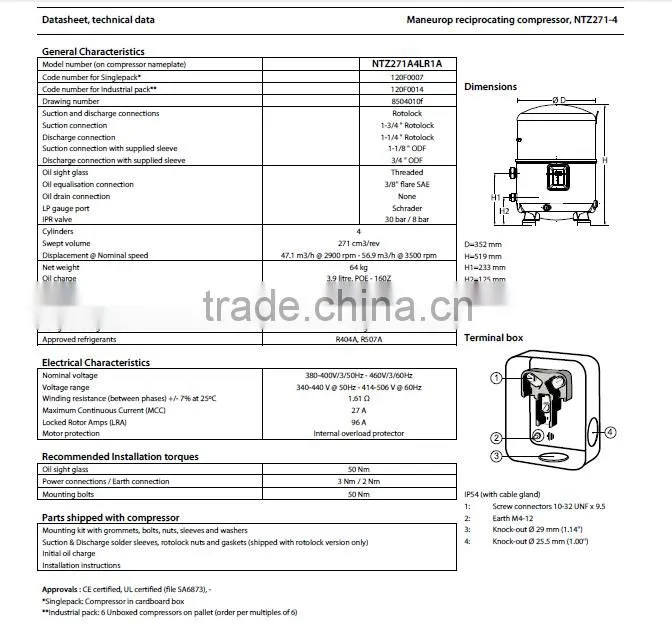 Maneurop Reciprocating Compressor NTZ271A4LR1A