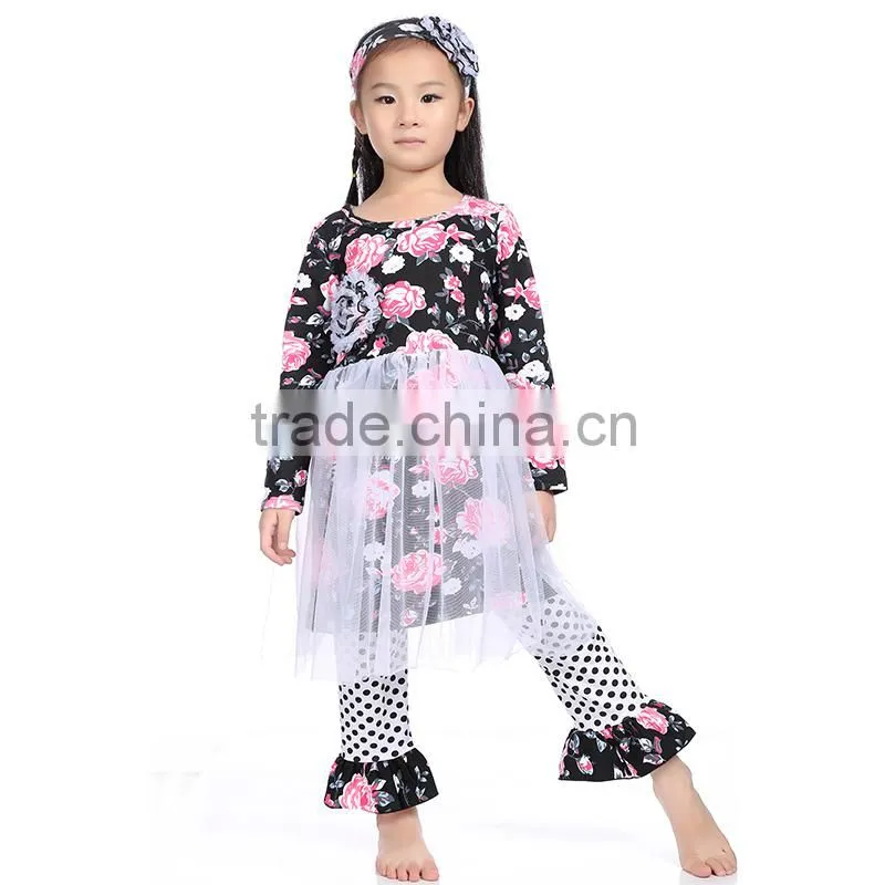 2016 cotton floral print chiffon dress and frill pant wholesale children clothes