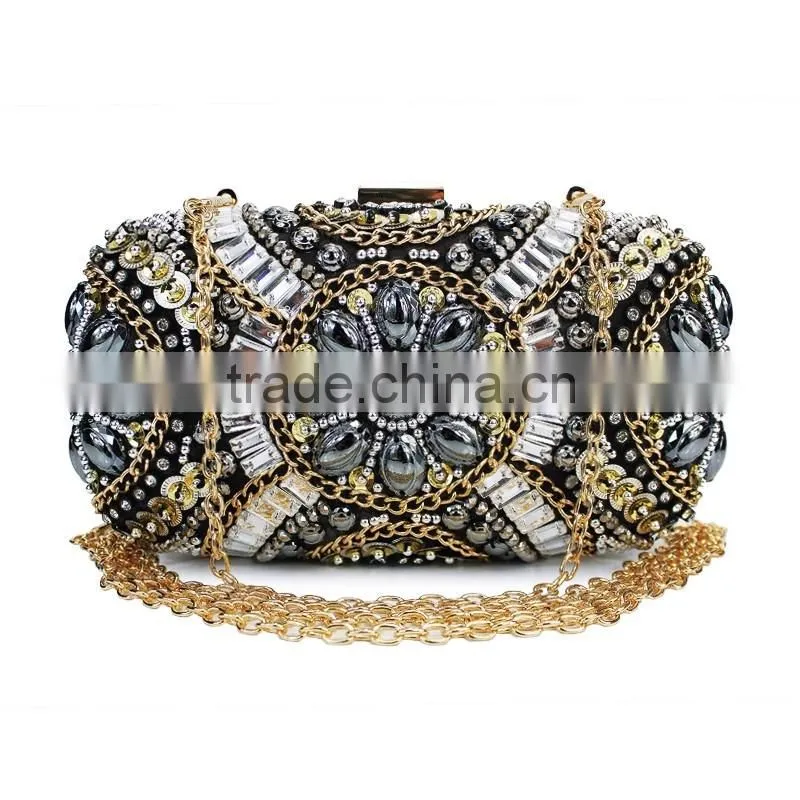 fashion classic design embroidery flowers party black diamond clutch evening bag shoulder bag handbag ladies purse(C024)