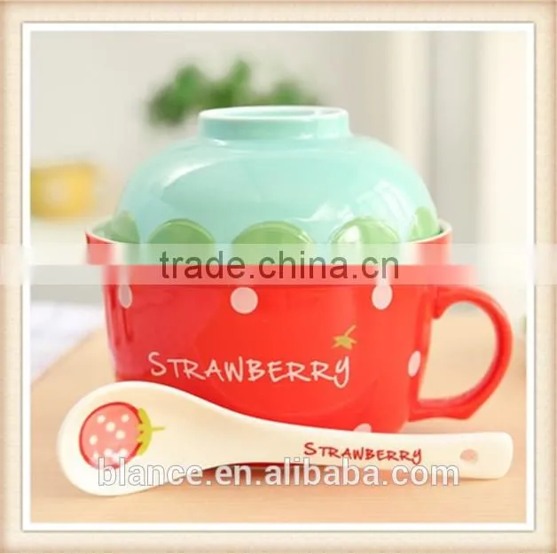 large ceramic soup bowl set with spoon in fruit shape design