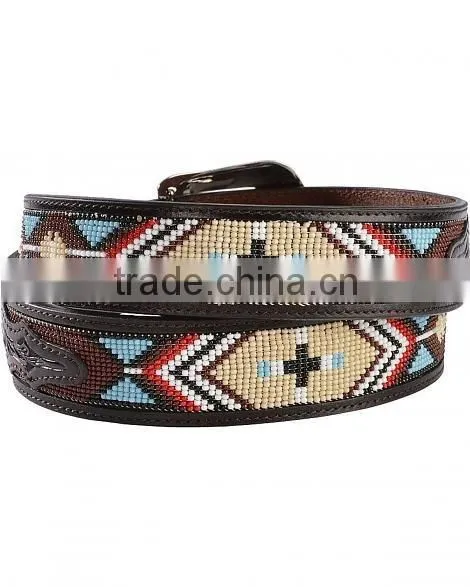 BASKETWEAVE EMBOSS WESTERN MEN BEADED INLAY LEATHER BELT