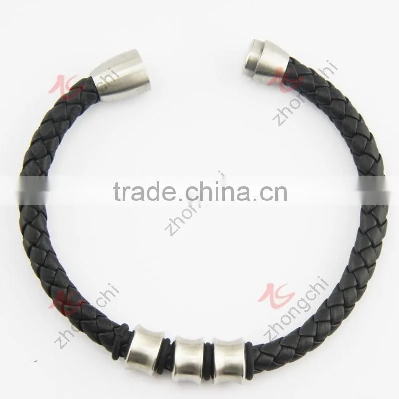Braided PU leather or genuine leather stainless steel mangnet clasp bangle