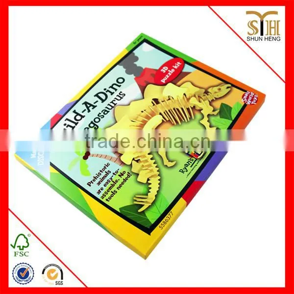 Wooden 3D puzzle dinosaur toys paper sleeve packing without glue