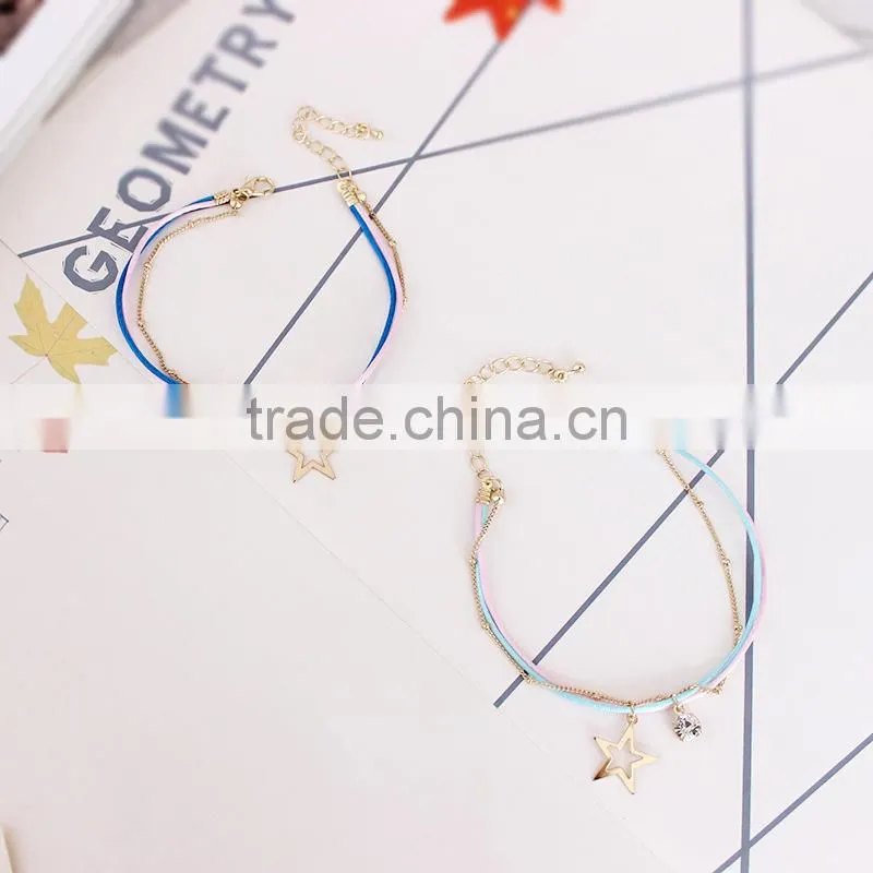 gold cross star zircon charms bracelet layered colorful silk cord gold chain bracelet
