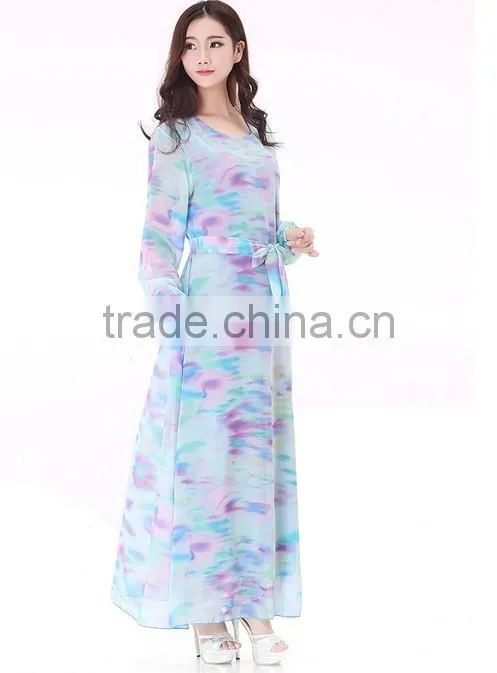 2015 fashion ladies long sleeve chiffon muslim long dress