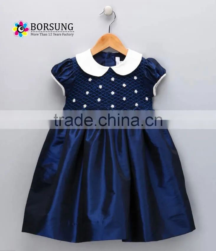 Baby Hand Smocked Peter Pan Collar Short puff Sleeve navy blue Dress Party Dress for kids clothing