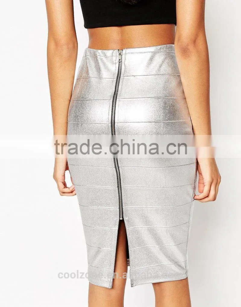 Hot selling metallic foil sexy bodycon pencil skirt design lady skirt
