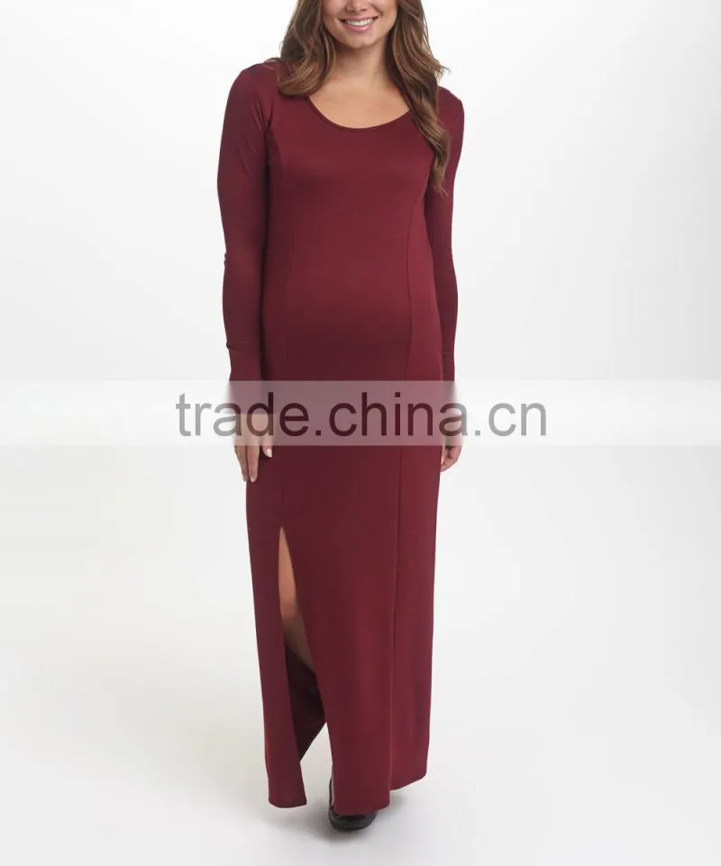 Newest Maternity Dresses With Burgundy Maternity Side-Slit Maxi Dress Fashion Women Clothing WD80817-19