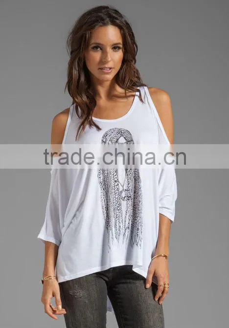 printed open shoulder t shirt