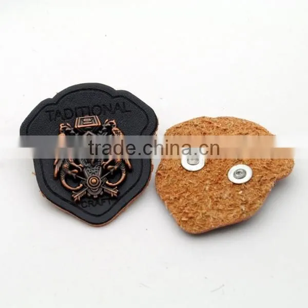 Black/brown PU leather sew on patches with anti-copper metal plates fashion clothing label for jeans/jacket PLB-021