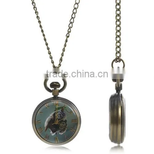 Round Antique Bronze Owl Halloween Pattern Battery Included Pocket Watches 82cm