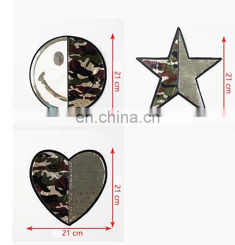 Hot Sale T-shirt Patch Heart Star Smiling Face Embroidery Patch With Camouflage And Sequins
