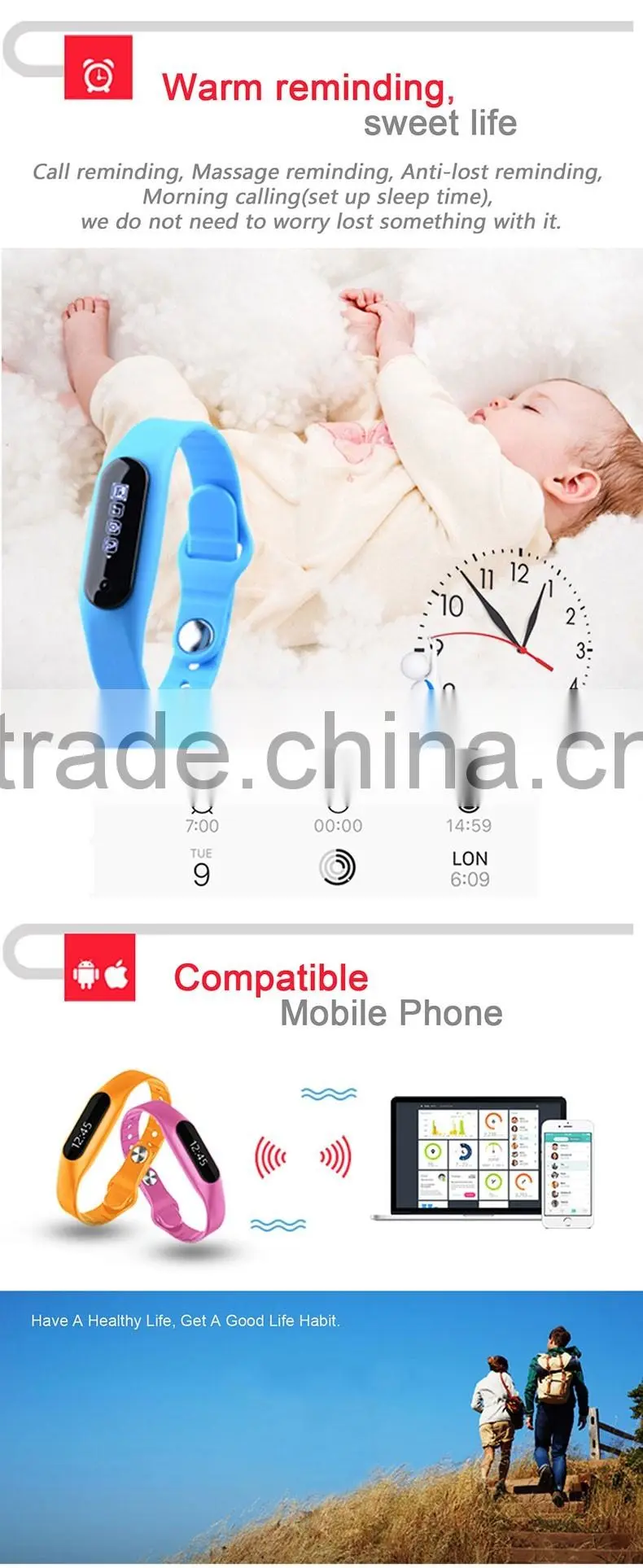 text message/Tracking motion/music play/Fine phon/sleeping monitor/Touch screen E06 Smart Bracelet