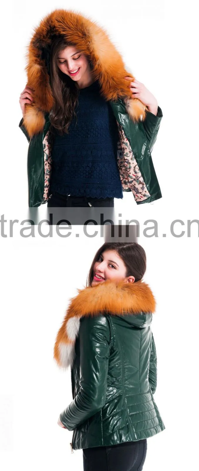 New Design Winter Women Short Slim Fit Leather Jacket With Red Fox Hat Overcoat