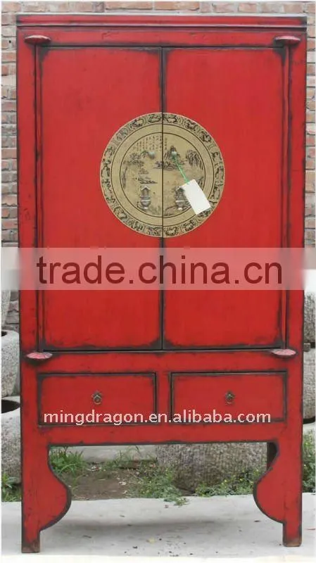 chinese antique red wooden two door two drawer wedding cabinet