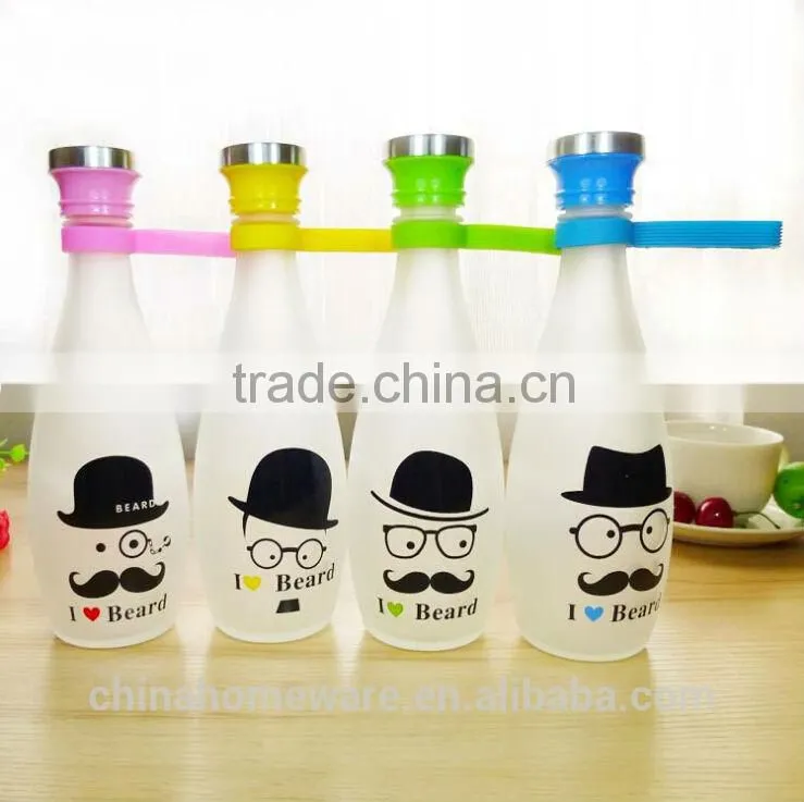2014year wholesale sealing up lovely mustache water frosted glass bottle student carrying bottles