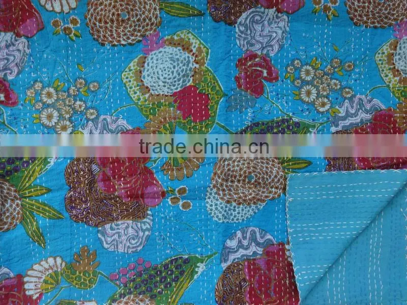 Tropical Handmade Kantha Quilt,Handstiched Kantha Bedspread,Full Double Size Kantha Bedcover,Indian Kanthawork
