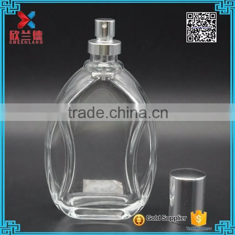 110ml bestselling Oblate round transparent glass perfume bottle with crimp neck