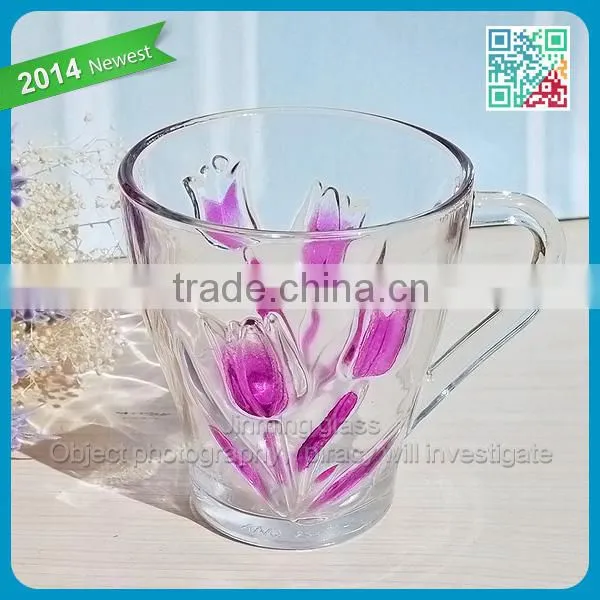 Colored Tulip Handle Drinking Glass Mugs Flower Embossed Logo Gift Drinking Glasses Cups Girls Favor Glass Gift Drinking Mugs