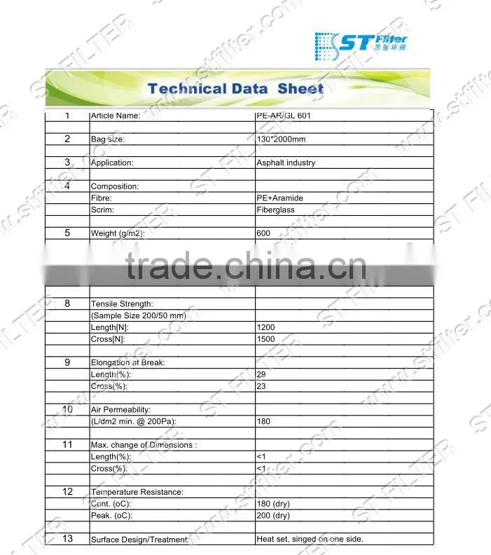 PE+Aramide Synthetic fiber with fiberglass filter bag