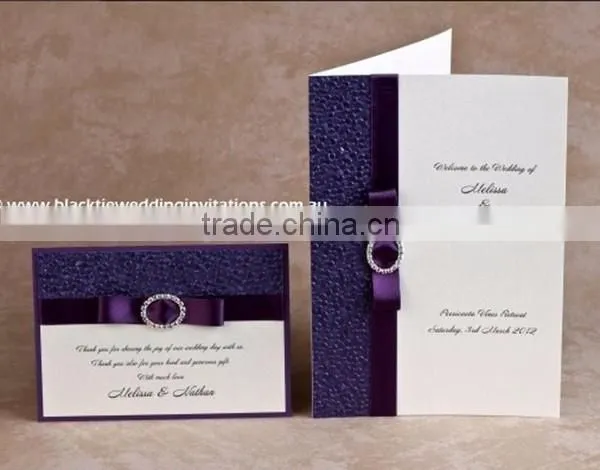 2016 newmengxing elegant and vintage purple color embosing wedding invitation card, purple ribbon