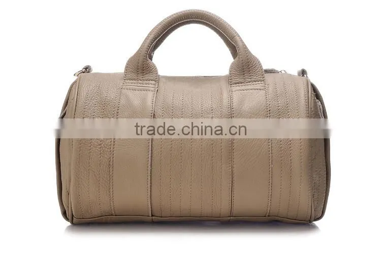 New Design Women's Leather Travel Bag,cylindrical brown duffle bag