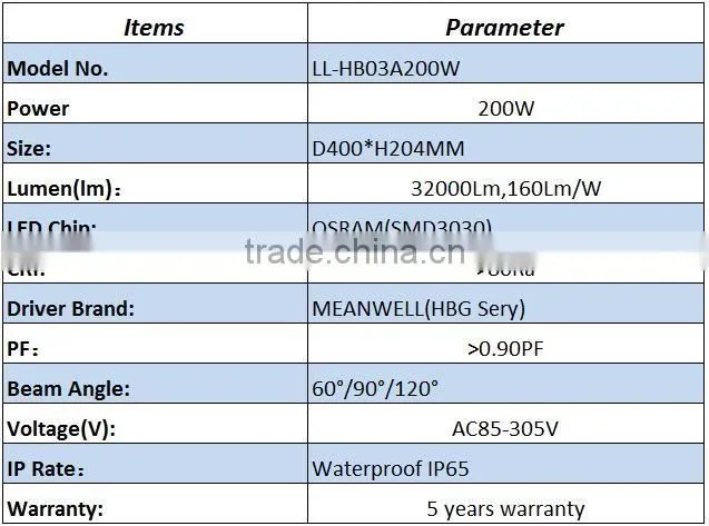 aluminum SMD3030 32000LM 200W led high bay light