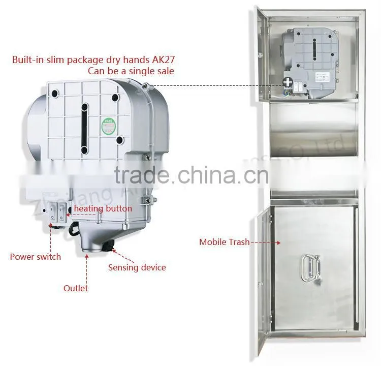 Space Usage Stainless Steel Antuomatic Hand Dryer and Dustbin Combination