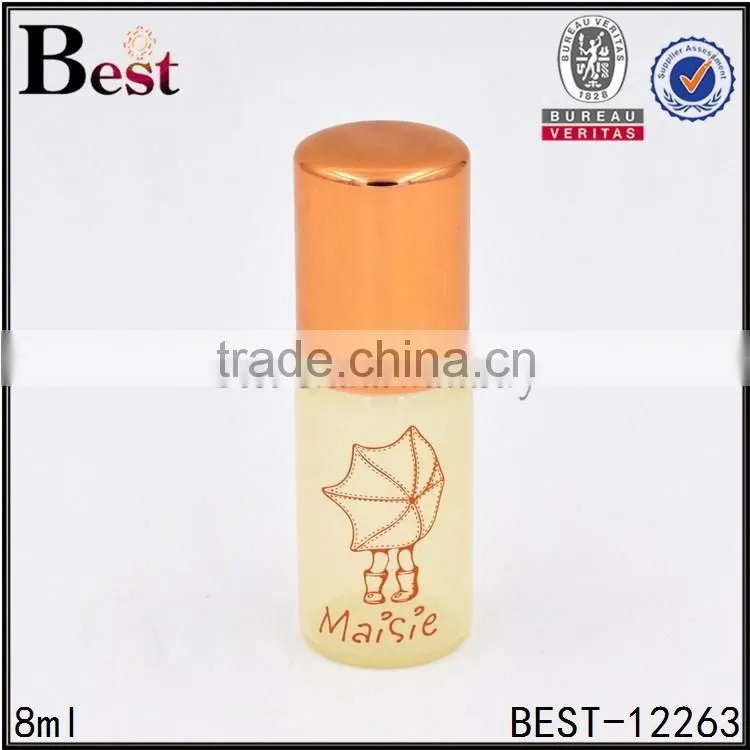 8ml yellow small glass roll on tube perfume bottle stainless steel roller ball aluminum cap