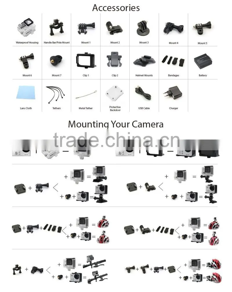 4K 30fps action camera dual screen go pro style original Genuine AT-H3R 4K + Wifi + 2.4G Remote Control